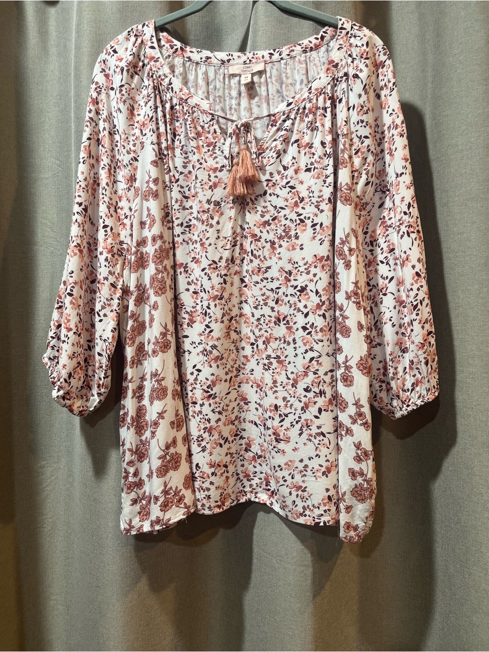 Como Vintage Cream Blush Floral Tassel Peasant Top